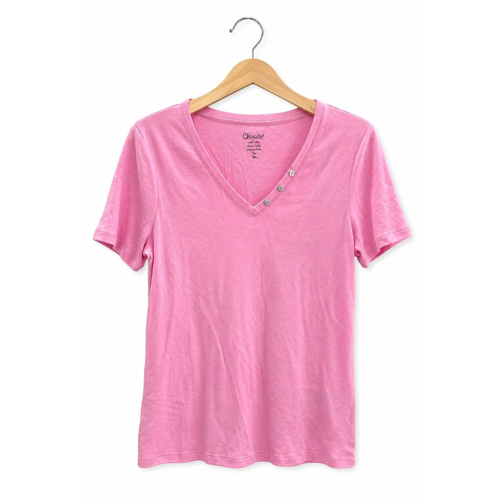 Chico's New Pink 100% Cotton V-Neck Button Detail Tee Shirt Women's Size 0 S NWT